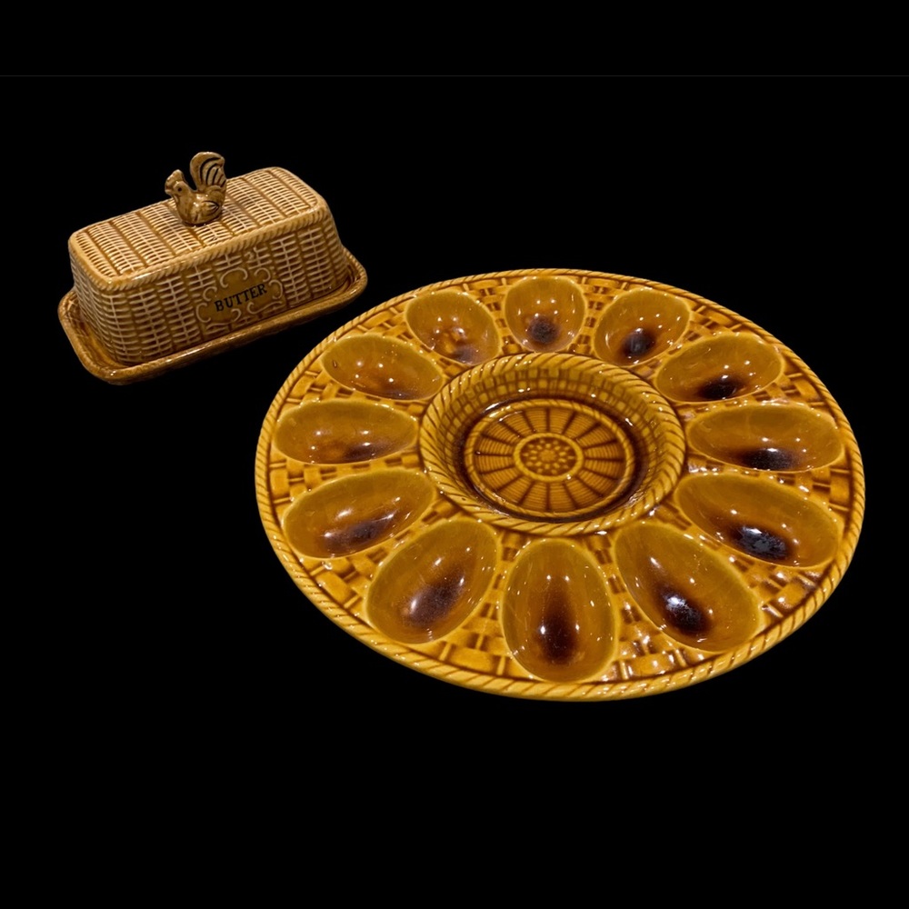 Vintage Glazed 1980’s deviled egg tray and butter dish